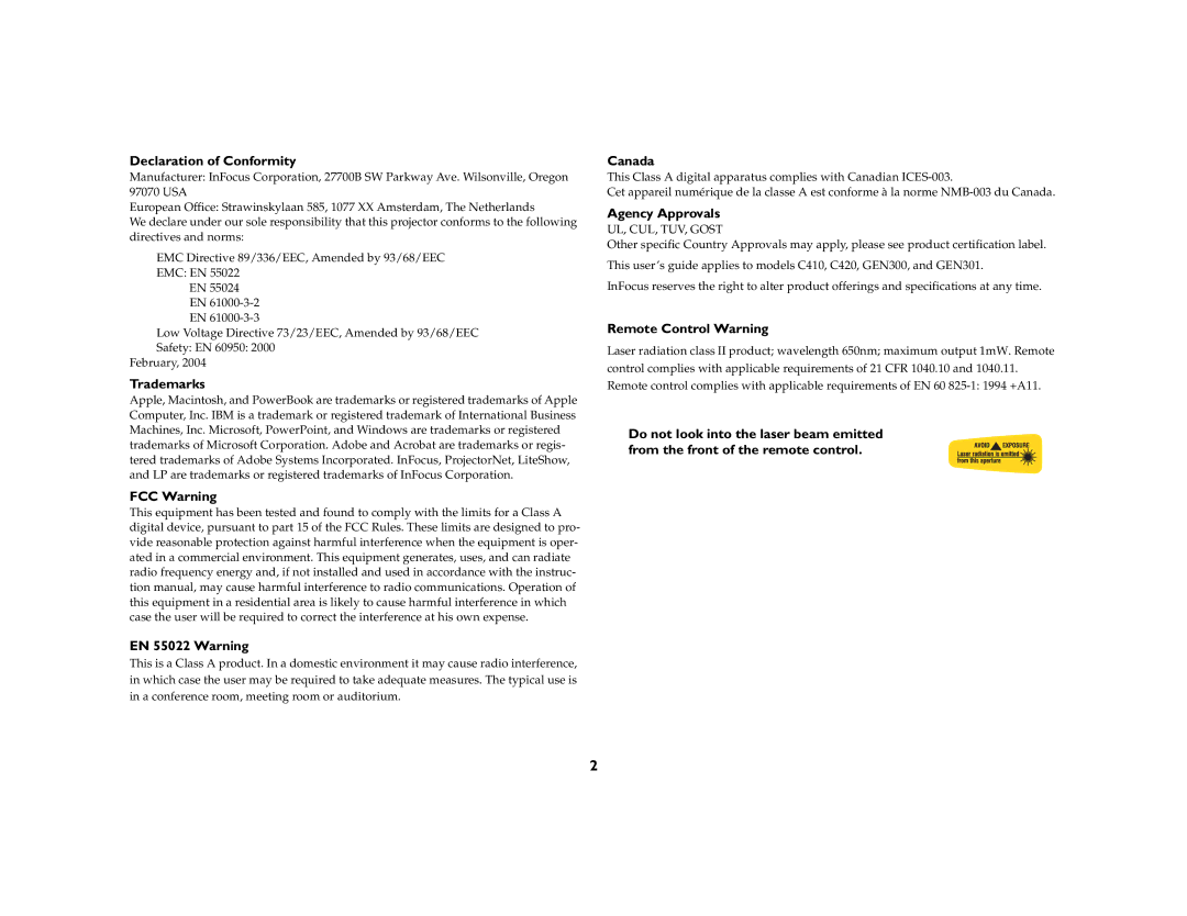 Ask Proxima C410/C420 manual Declaration of Conformity, Trademarks, FCC Warning, EN 55022 Warning, Canada, Agency Approvals 