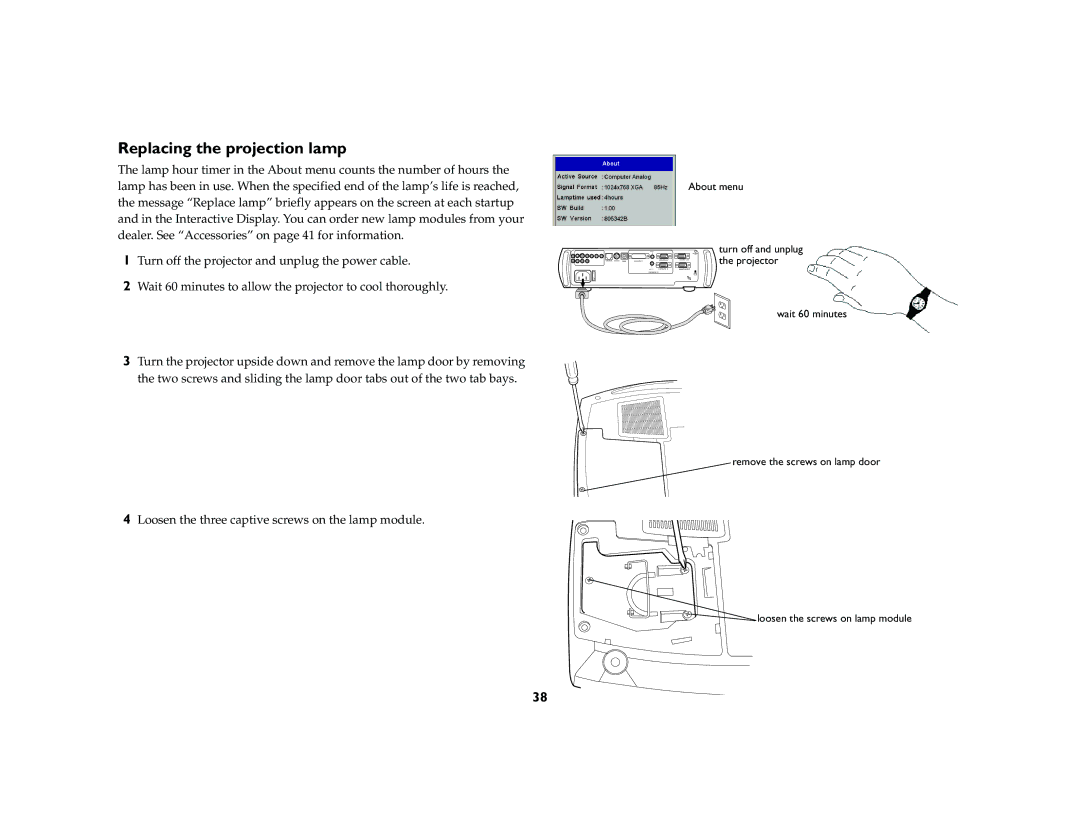 Ask Proxima C410/C420 manual Replacing the projection lamp 