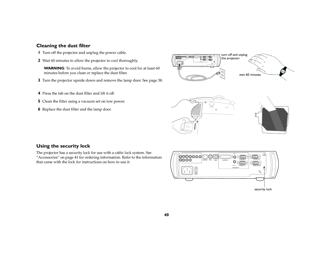 Ask Proxima C410/C420 manual Cleaning the dust filter, Using the security lock 