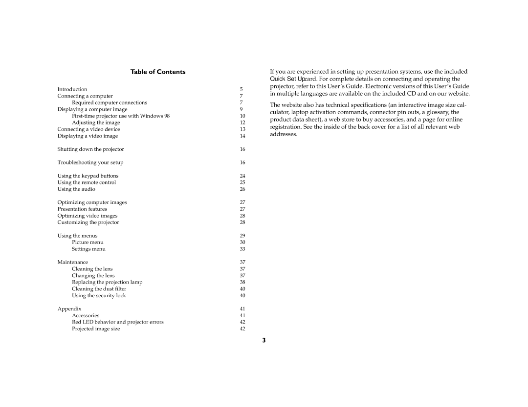 Ask Proxima C410/C420 manual Table of Contents 