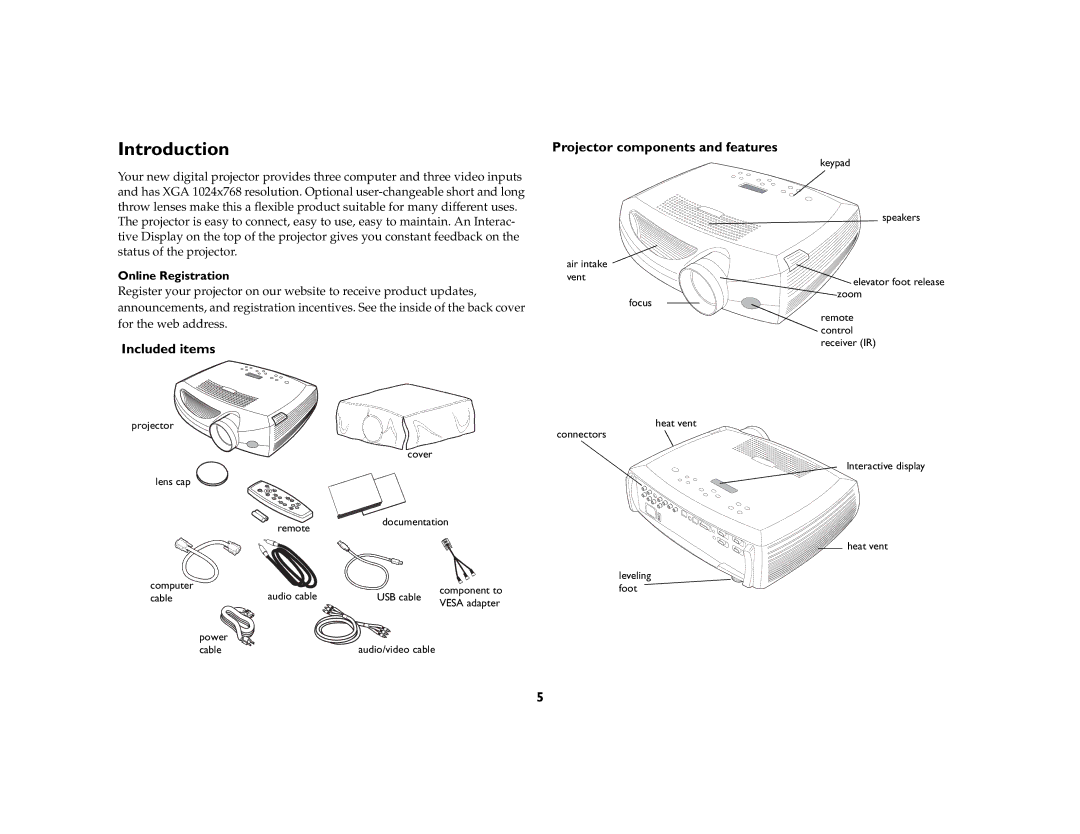 Ask Proxima C410/C420 manual Introduction, Projector components and features, Included items, Online Registration 