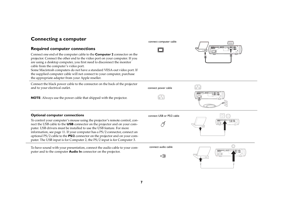 Ask Proxima C410/C420 manual Connecting a computer, Required computer connections, Optional computer connections 