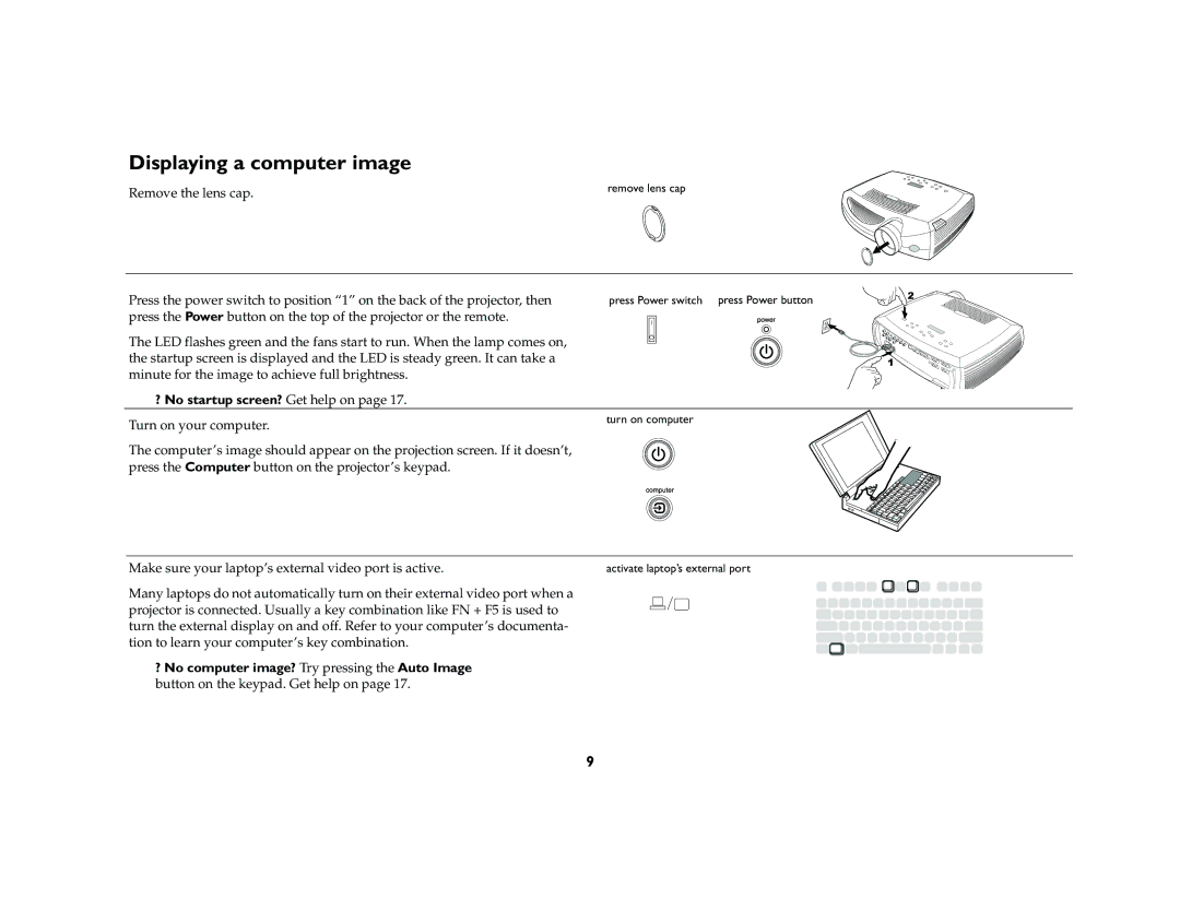 Ask Proxima C420 manual Displaying a computer image, ? No startup screen? Get help on 