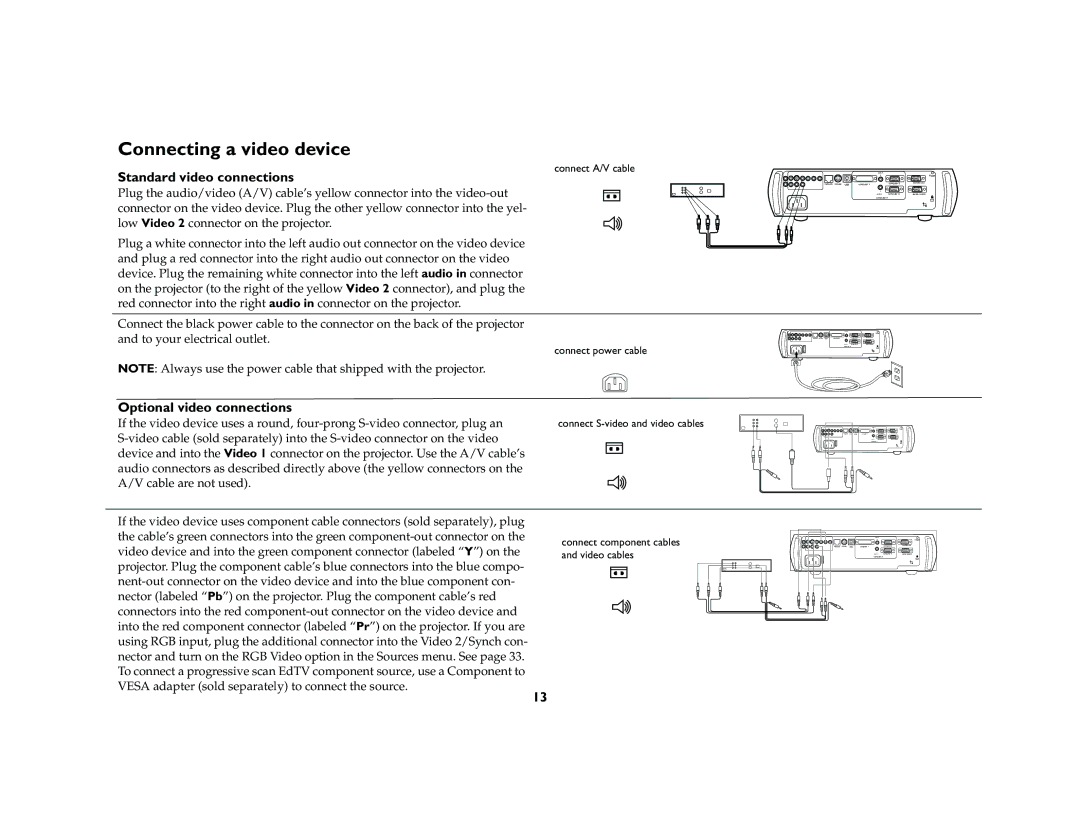 Ask Proxima C420 manual Connecting a video device, Standard video connections, Optional video connections 