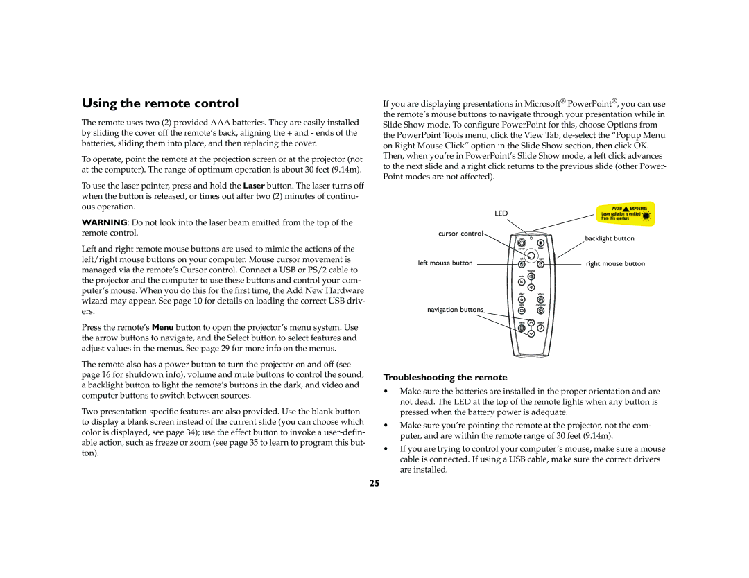 Ask Proxima C420 manual Using the remote control, Troubleshooting the remote 