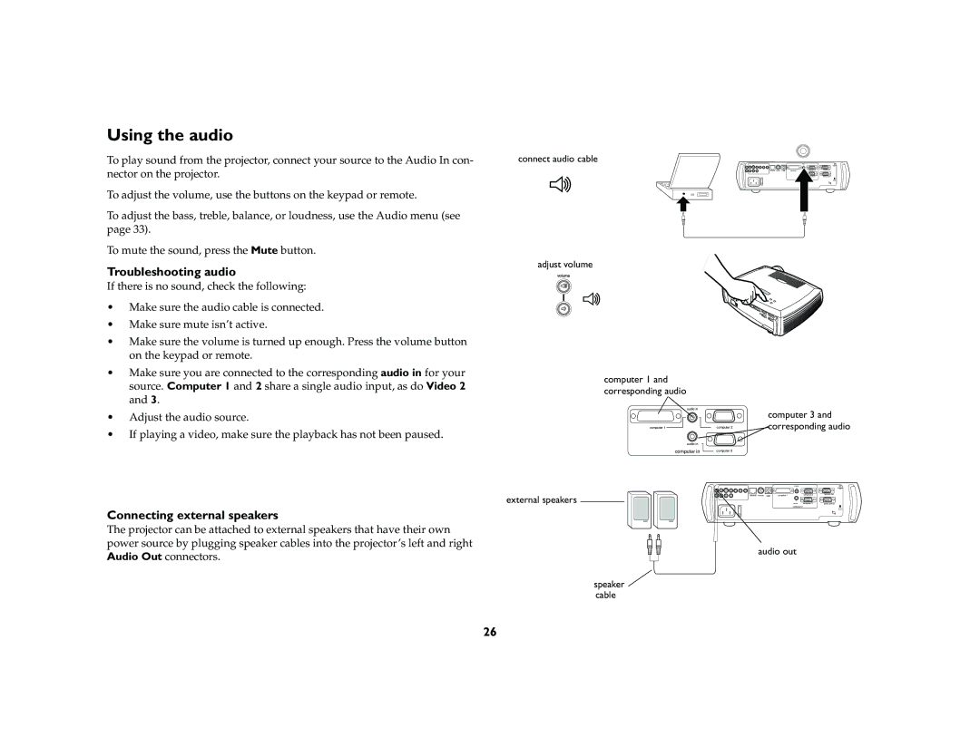 Ask Proxima C420 manual Using the audio, Troubleshooting audio, Connecting external speakers 