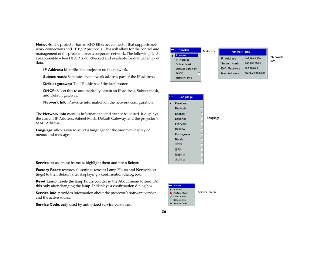 Ask Proxima C420 manual Network Language Service menu Network Info 