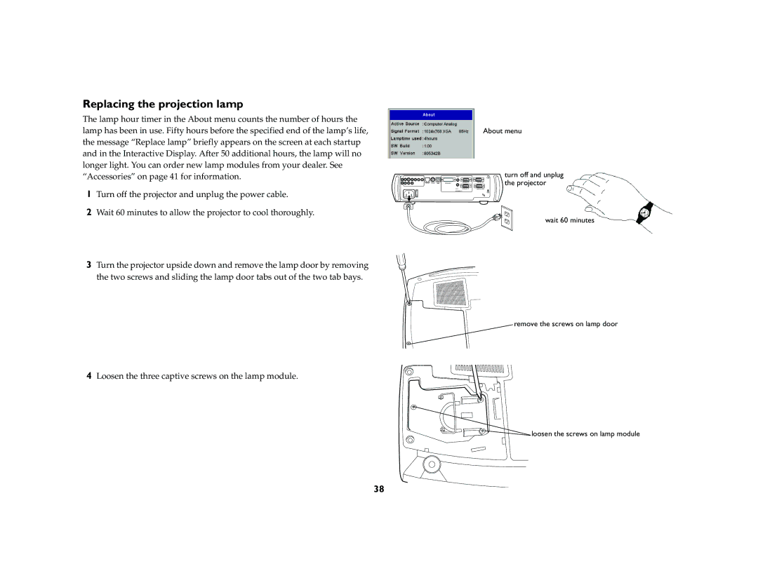 Ask Proxima C420 manual Replacing the projection lamp 