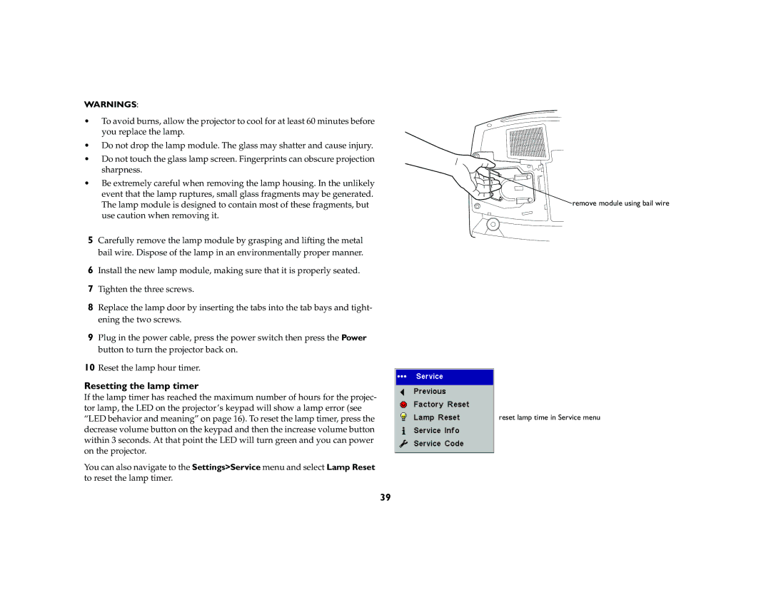 Ask Proxima C420 manual Resetting the lamp timer 