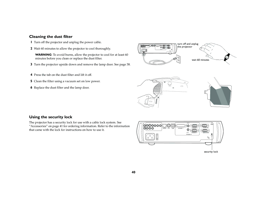 Ask Proxima C420 manual Cleaning the dust filter, Using the security lock 