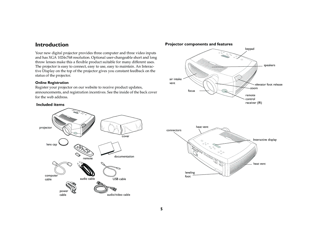 Ask Proxima C420 manual Introduction, Projector components and features, Included items, Online Registration 