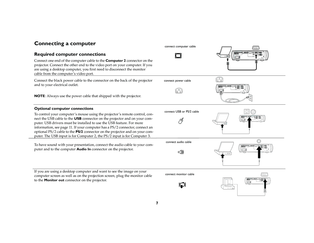 Ask Proxima C420 manual Connecting a computer, Required computer connections, Optional computer connections 