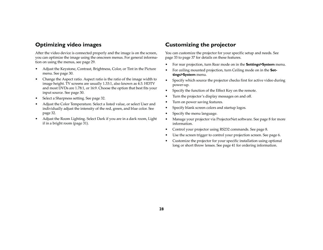 Ask Proxima C420 manual Optimizing video images, Customizing the projector 