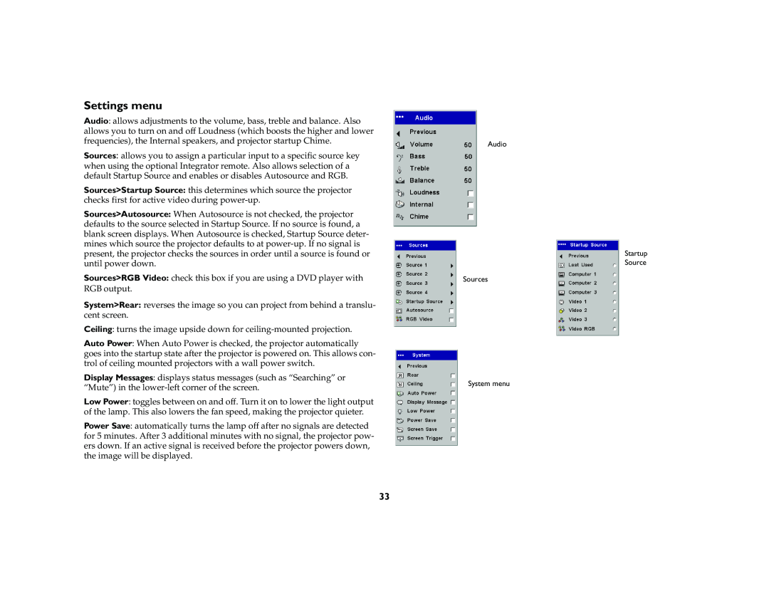 Ask Proxima C420 manual Settings menu 
