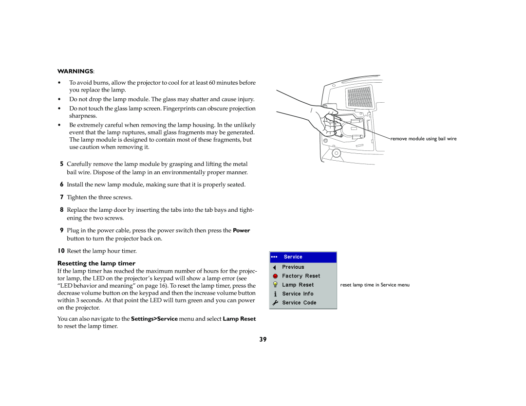 Ask Proxima C420 manual Resetting the lamp timer, Warnings 