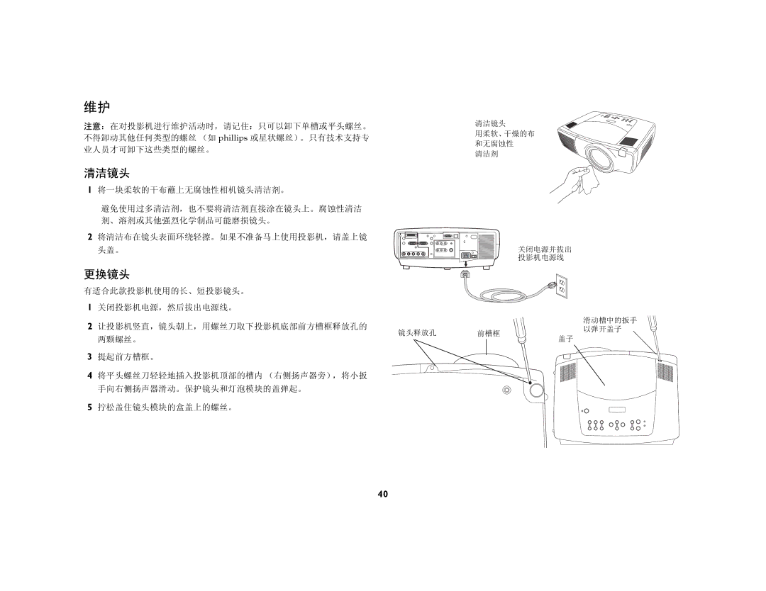 Ask Proxima C450, C440 manual 清洁镜头, 更换镜头 