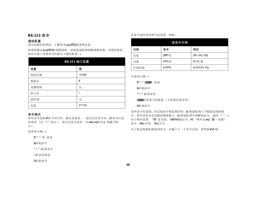 Ask Proxima C450, C440 manual 通信配置, 命令格式 