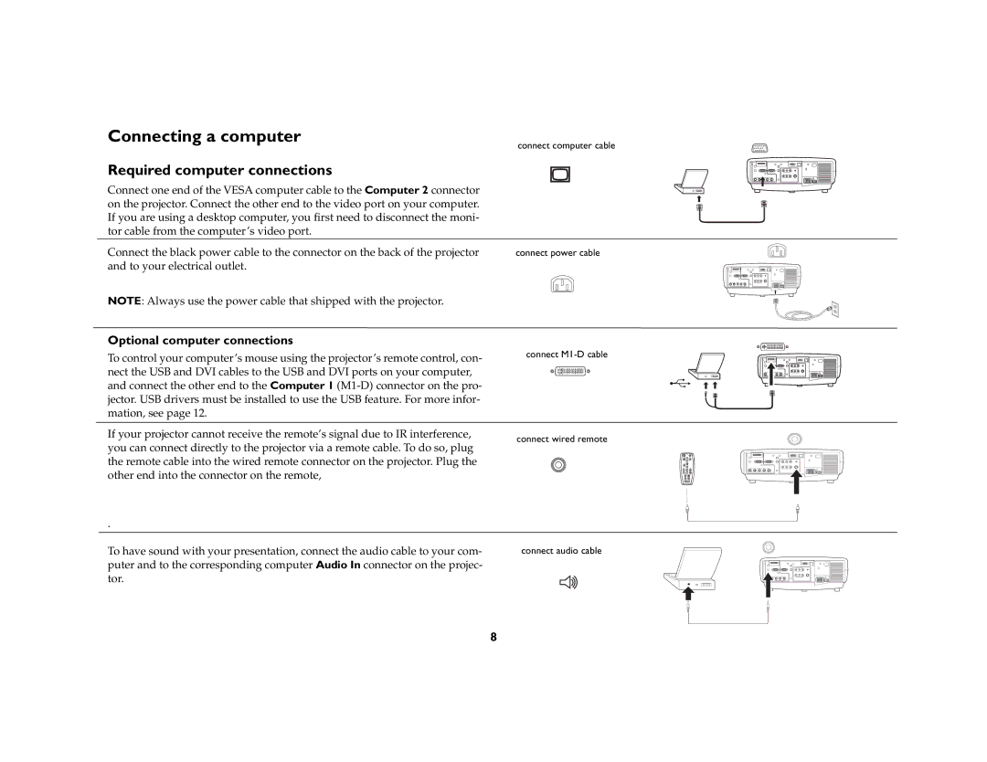 Ask Proxima C440/C450 manual Connecting a computer, Required computer connections, Optional computer connections 