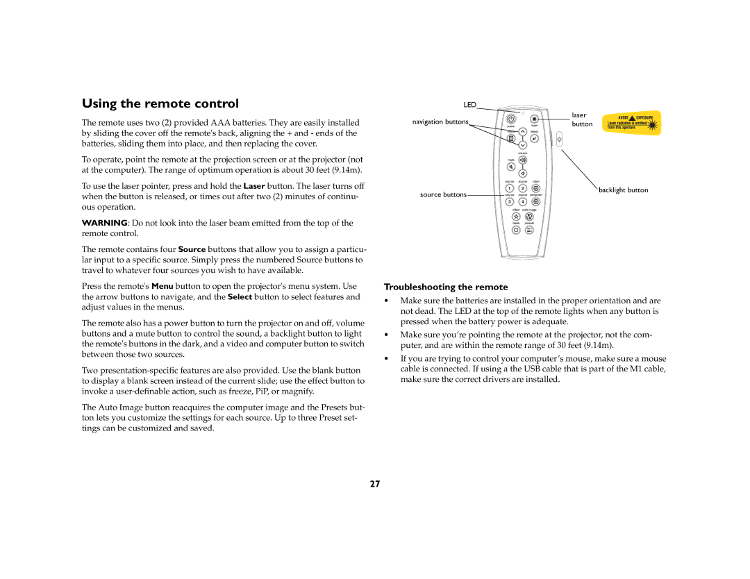 Ask Proxima C440/C450 manual Using the remote control, Troubleshooting the remote 