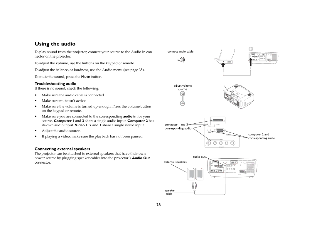 Ask Proxima C440/C450 manual Using the audio, Troubleshooting audio, Connecting external speakers 