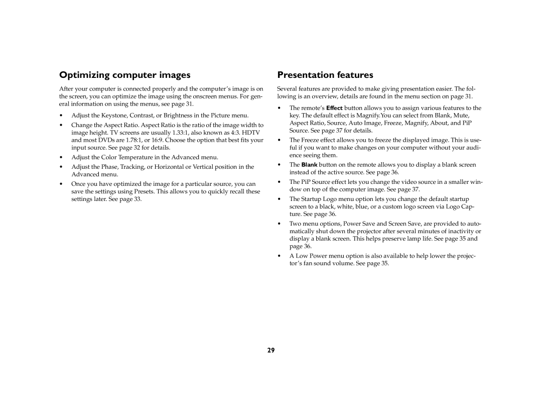 Ask Proxima C440/C450 manual Optimizing computer images, Presentation features 