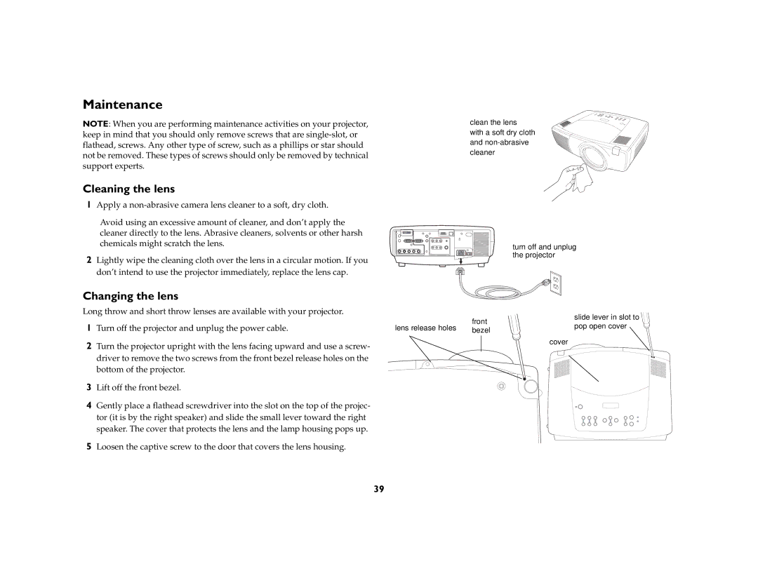 Ask Proxima C440/C450 manual Maintenance, Cleaning the lens, Changing the lens 