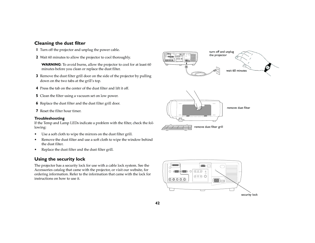 Ask Proxima C440/C450 manual Cleaning the dust filter, Using the security lock, Troubleshooting 