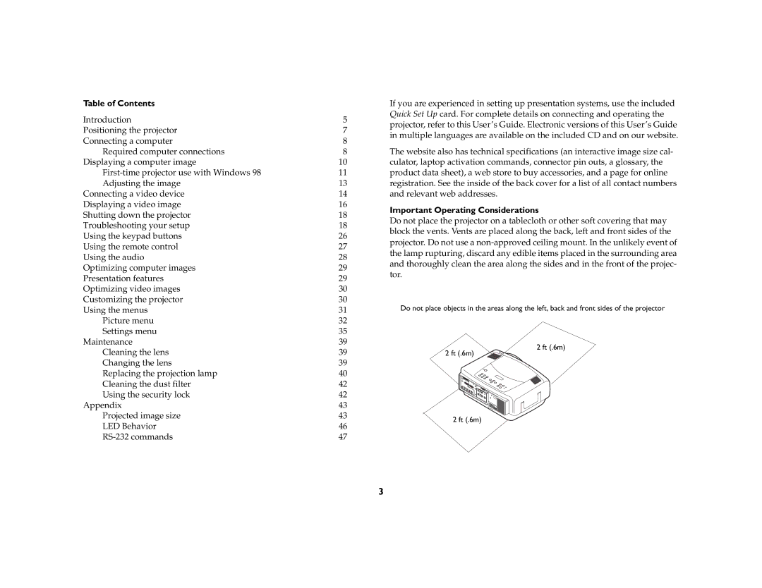 Ask Proxima C440/C450 manual Table of Contents, Important Operating Considerations 