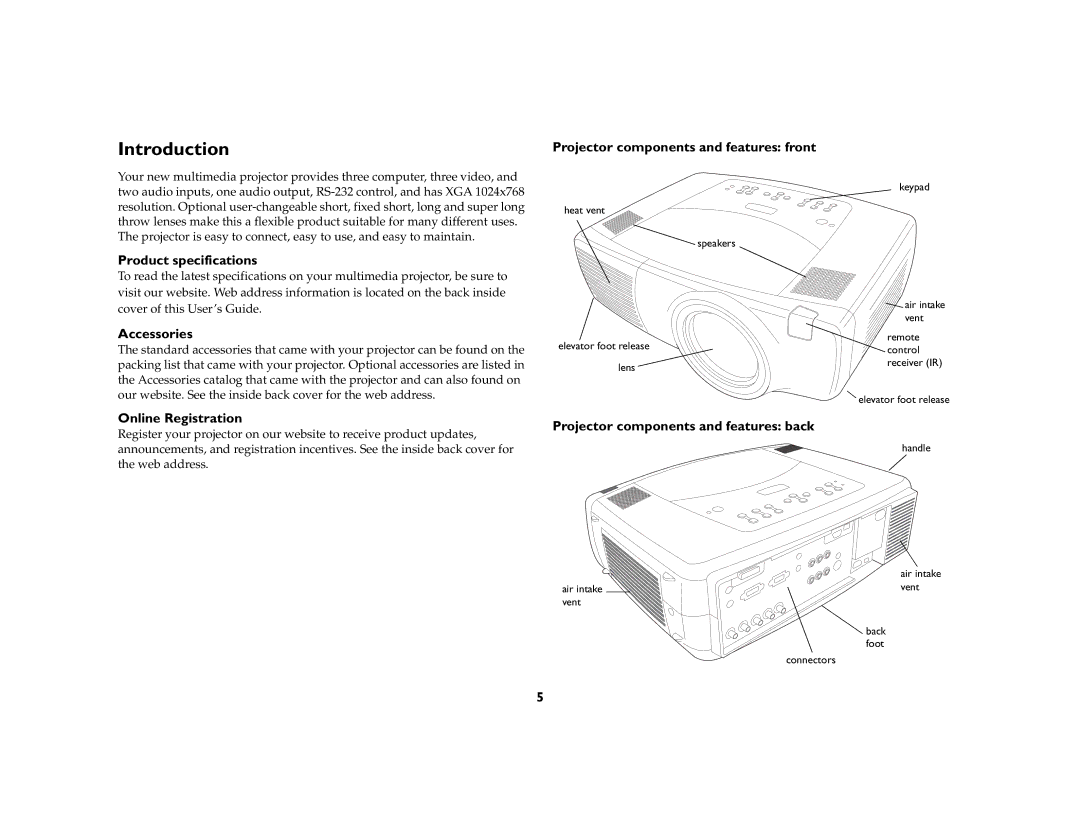 Ask Proxima C440/C450 manual Introduction, Accessories, Online Registration, Projector components and features back 