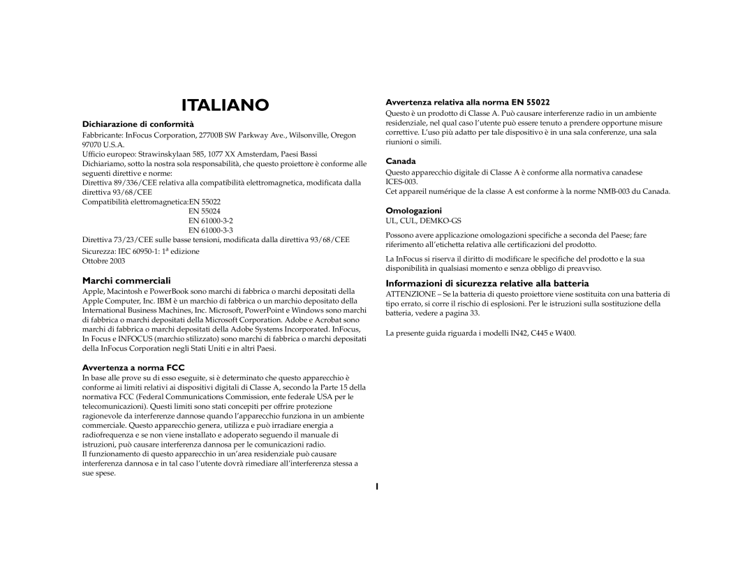 Ask Proxima C445 manual Marchi commerciali, Informazioni di sicurezza relative alla batteria 