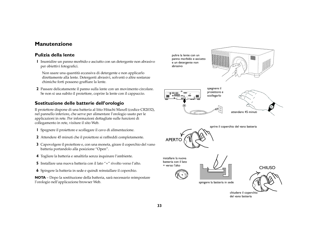 Ask Proxima C445 manual Manutenzione, Pulizia della lente, Sostituzione delle batterie dell’orologio 