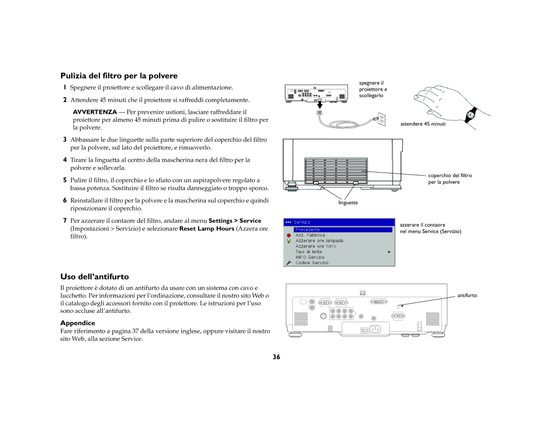 Ask Proxima C445 manual Pulizia del filtro per la polvere, Uso dell’antifurto, Appendice 