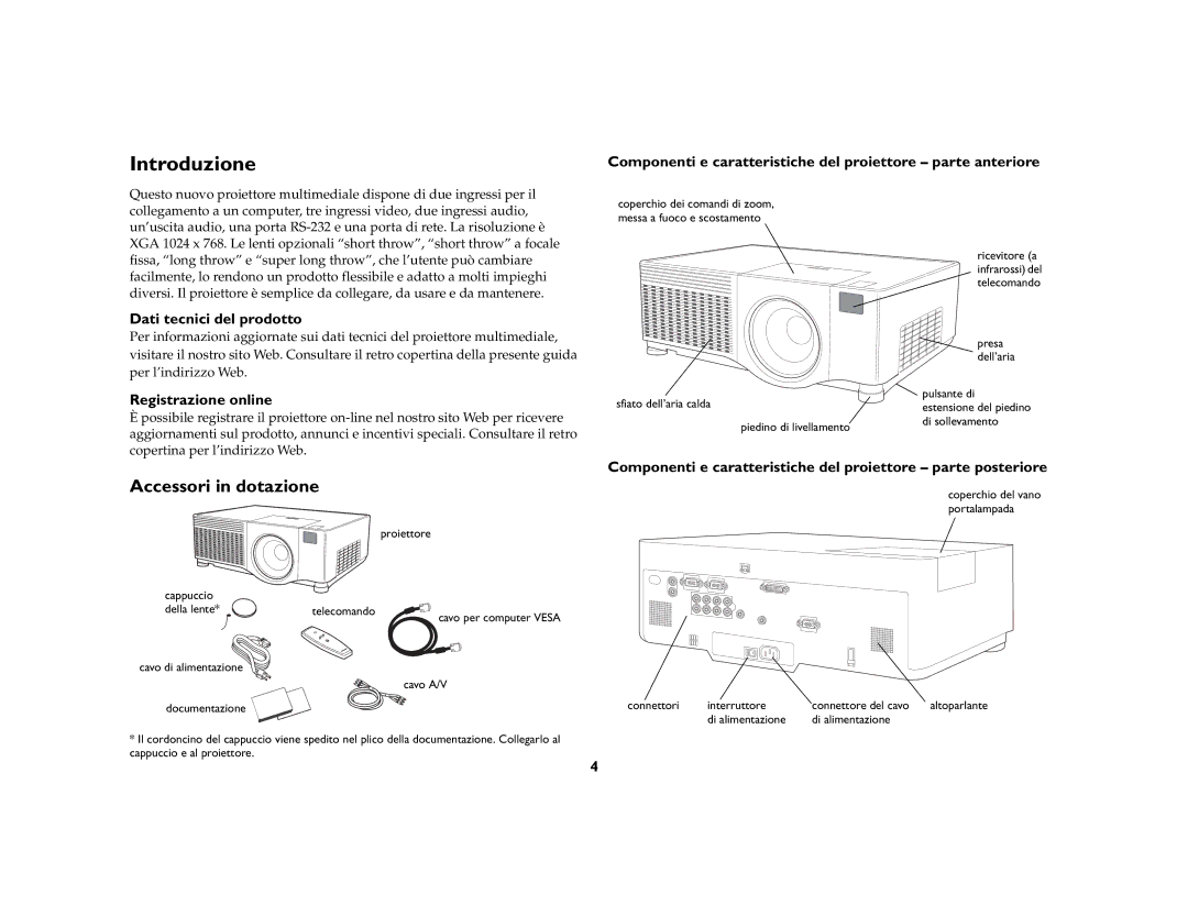 Ask Proxima C445 manual Introduzione, Accessori in dotazione, Componenti e caratteristiche del proiettore parte anteriore 