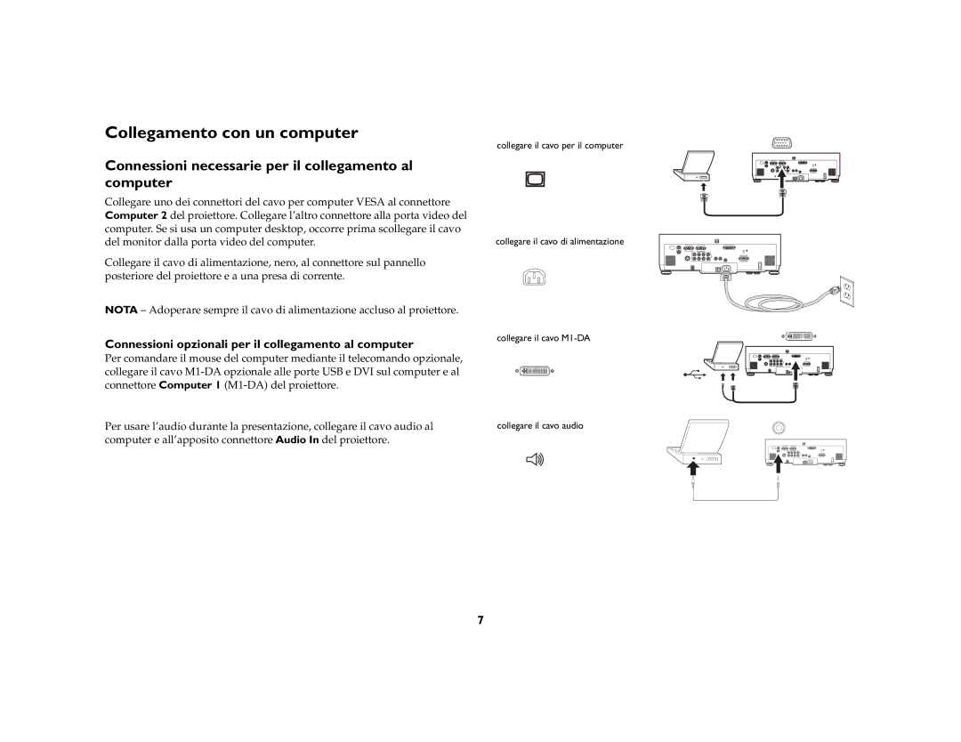 Ask Proxima C445 manual Collegamento con un computer, Connessioni necessarie per il collegamento al computer 