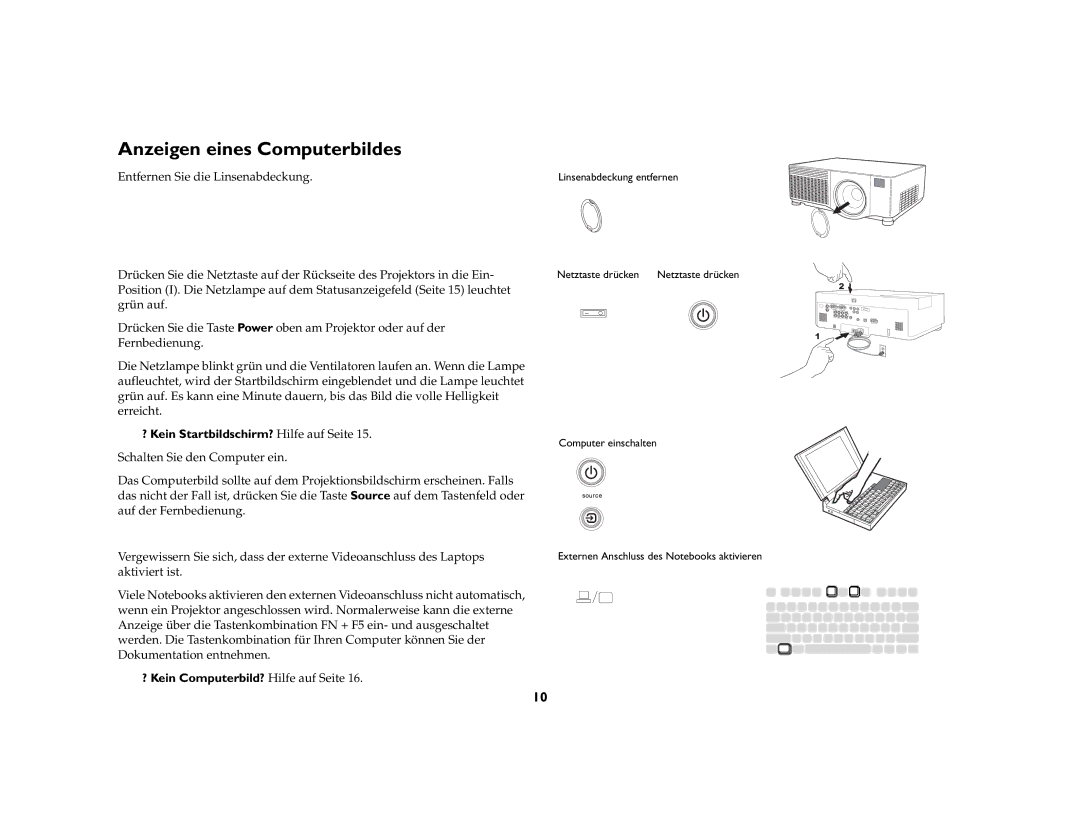 Ask Proxima C500, C447 manual Anzeigen eines Computerbildes, ? Kein Startbildschirm? Hilfe auf Seite 