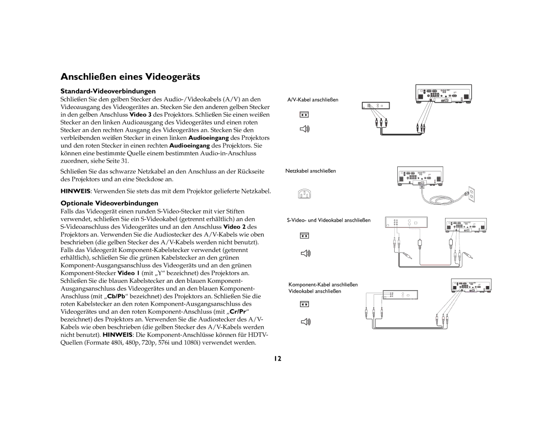 Ask Proxima C500, C447 manual Anschließen eines Videogeräts, Standard-Videoverbindungen, Optionale Videoverbindungen 