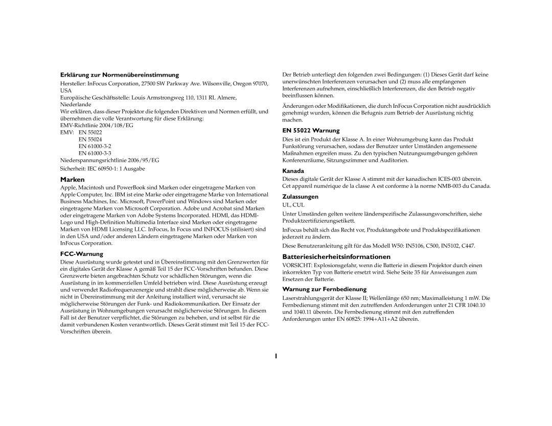 Ask Proxima C447, C500 manual Marken, Batteriesicherheitsinformationen 