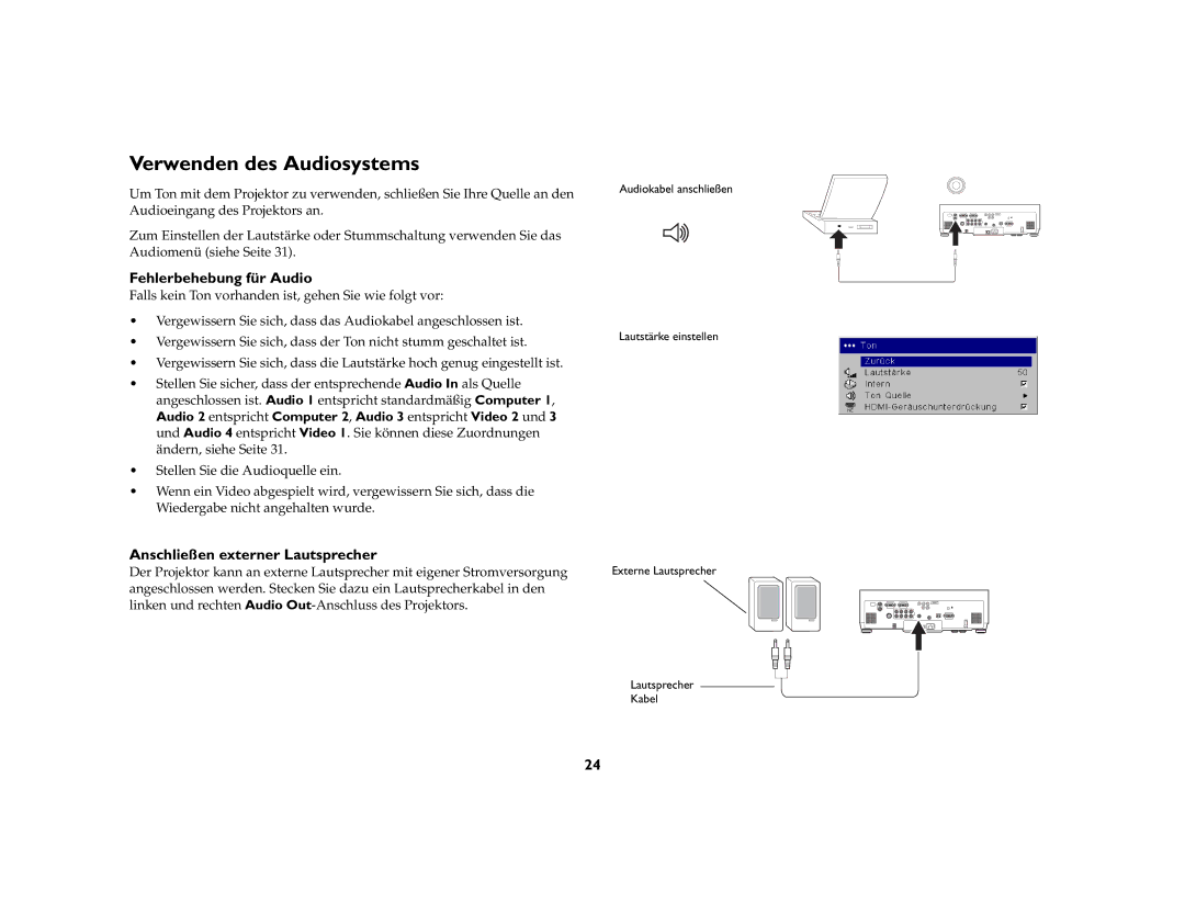 Ask Proxima C500, C447 manual Verwenden des Audiosystems, Fehlerbehebung für Audio, Anschließen externer Lautsprecher 