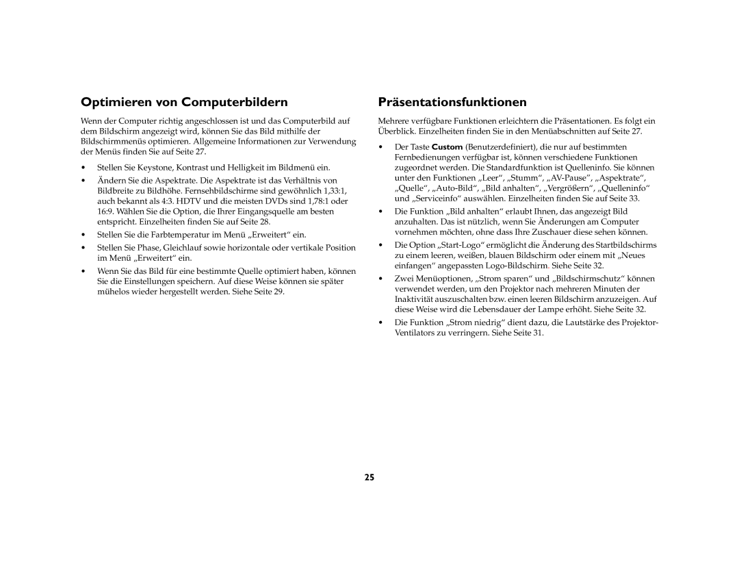 Ask Proxima C447, C500 manual Optimieren von Computerbildern, Präsentationsfunktionen 