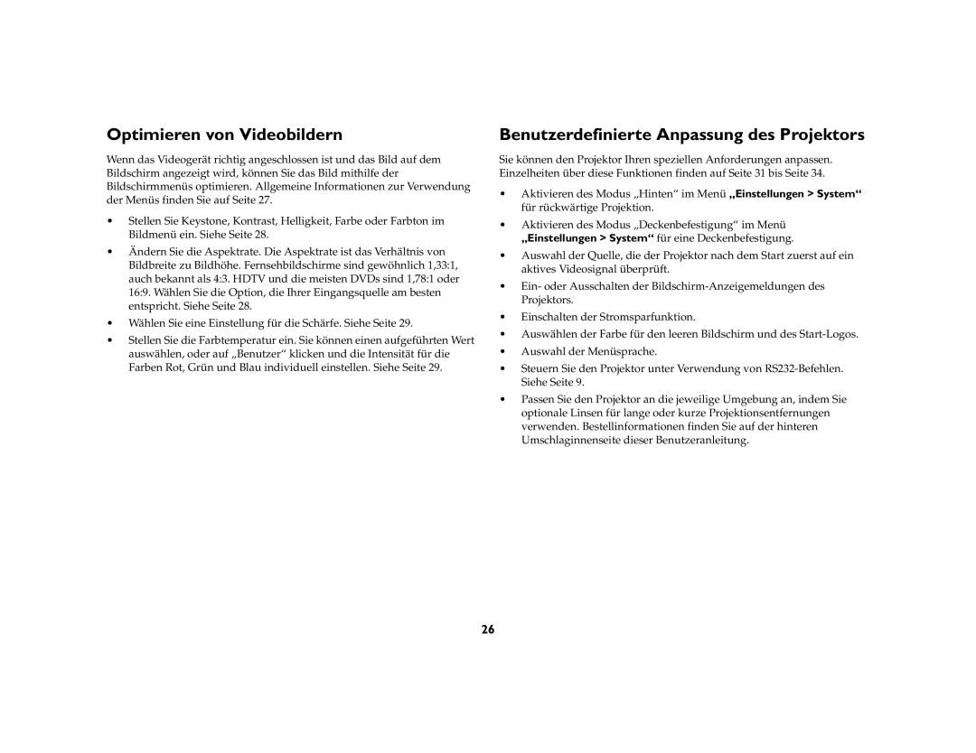 Ask Proxima C500, C447 manual Optimieren von Videobildern, Benutzerdefinierte Anpassung des Projektors 