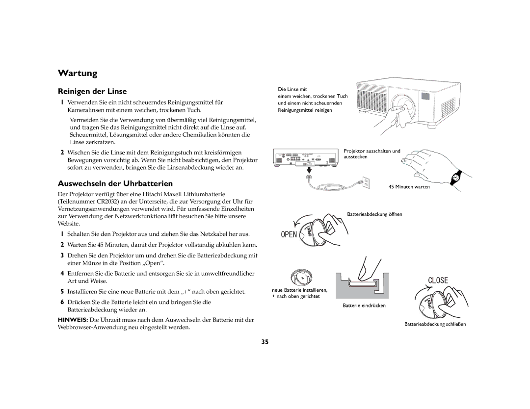 Ask Proxima C447, C500 manual Wartung, Reinigen der Linse, Auswechseln der Uhrbatterien 