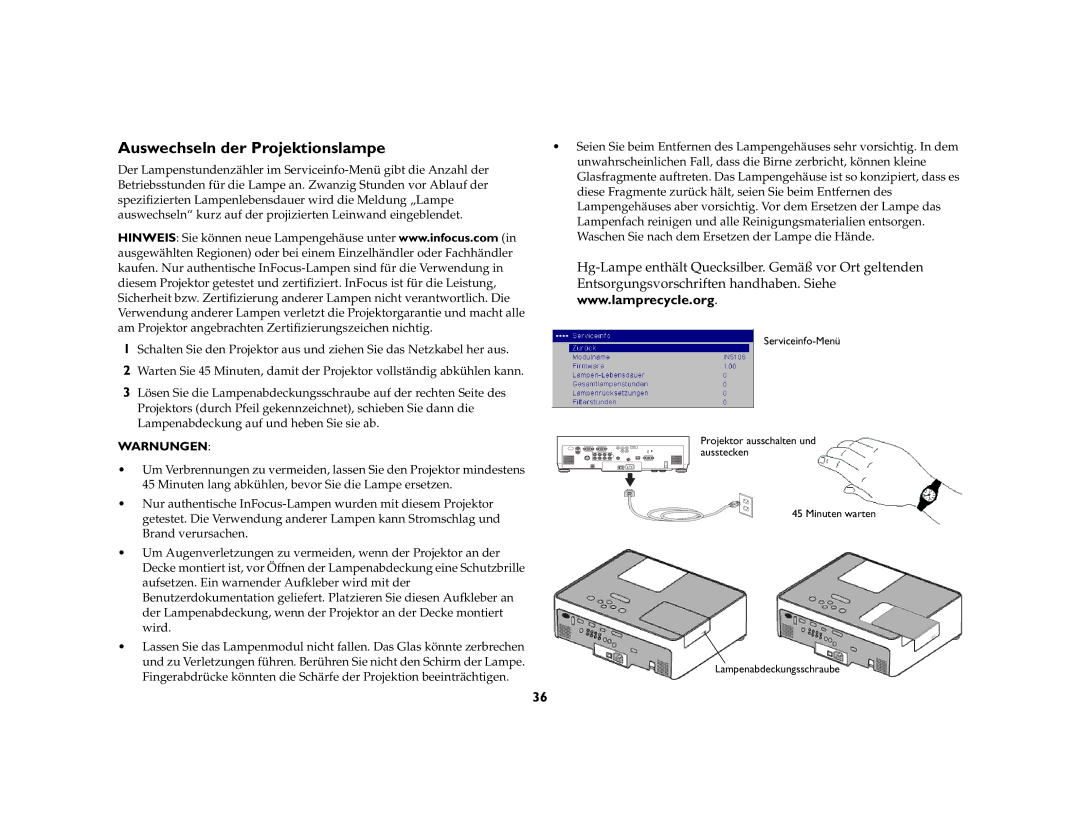 Ask Proxima C500, C447 manual Auswechseln der Projektionslampe, Warnungen 