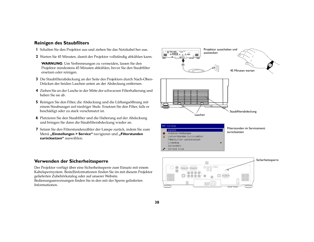 Ask Proxima C500, C447 manual Reinigen des Staubfilters, Verwenden der Sicherheitssperre 