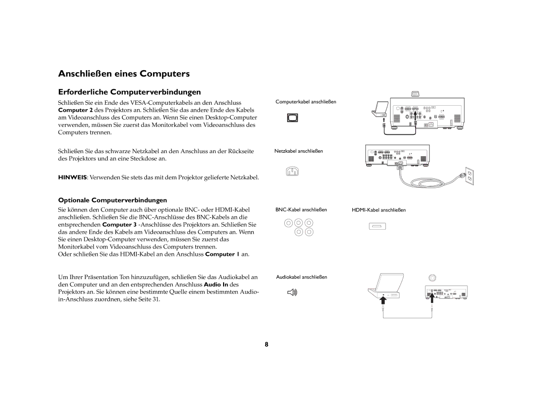 Ask Proxima C500, C447 Anschließen eines Computers, Erforderliche Computerverbindungen, Optionale Computerverbindungen 