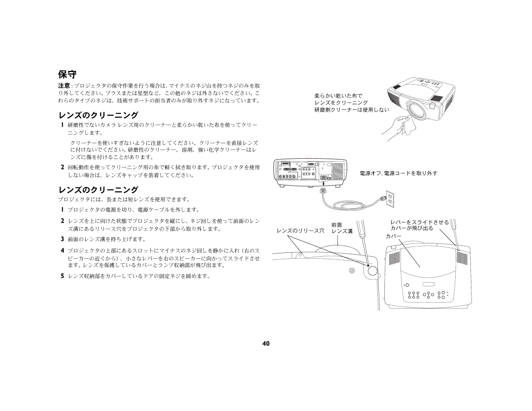 Ask Proxima C440 (DP8400X), C450 (DP8500X) manual レンズのクリーニング 