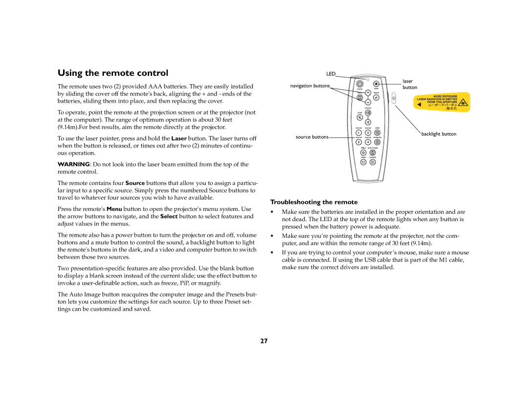 Ask Proxima C460 manual Using the remote control, Troubleshooting the remote 