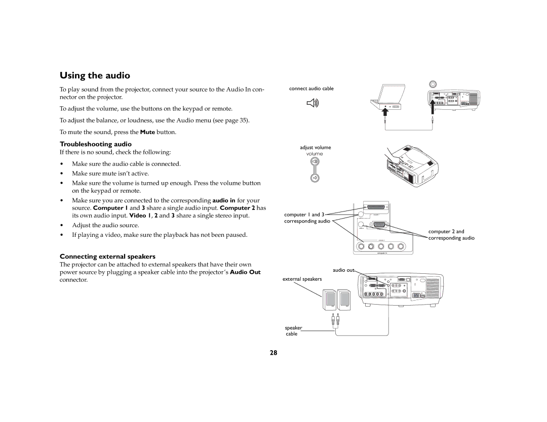 Ask Proxima C460 manual Using the audio, Troubleshooting audio, Connecting external speakers 