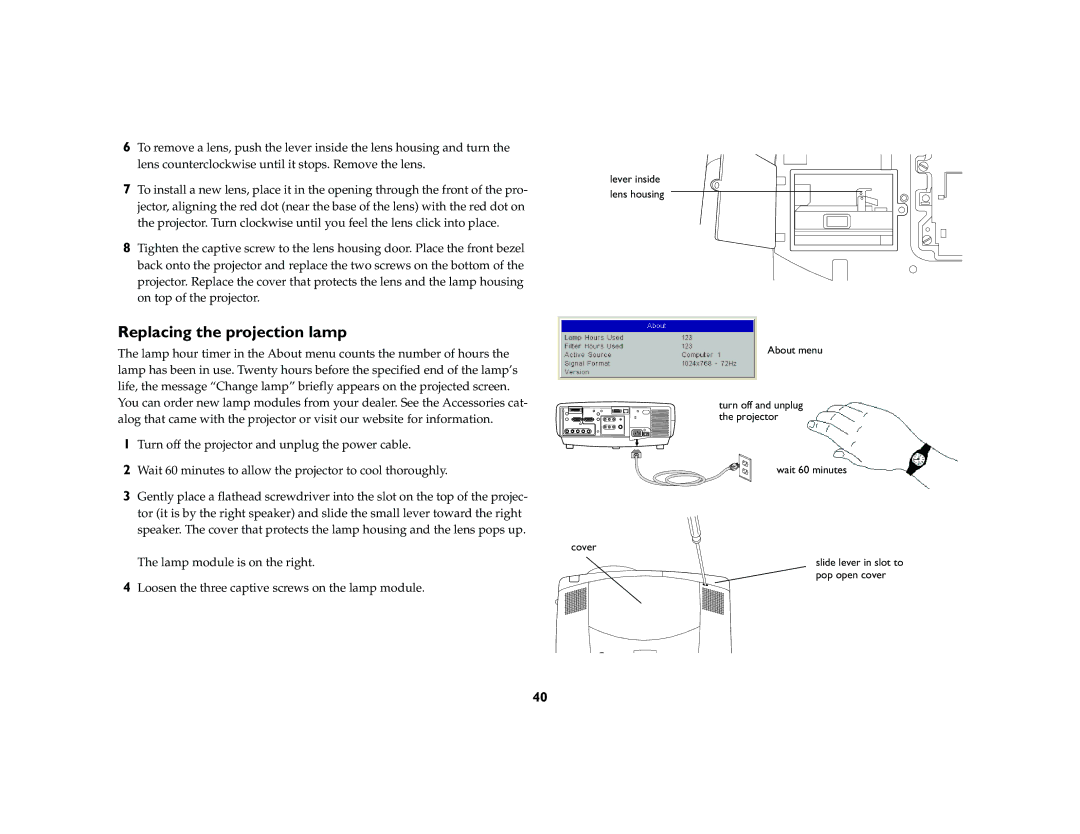 Ask Proxima C460 manual Replacing the projection lamp 