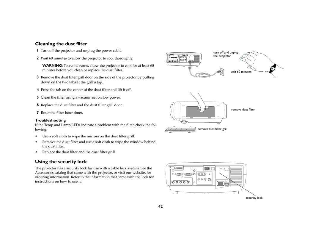 Ask Proxima C460 manual Cleaning the dust filter, Using the security lock, Troubleshooting 