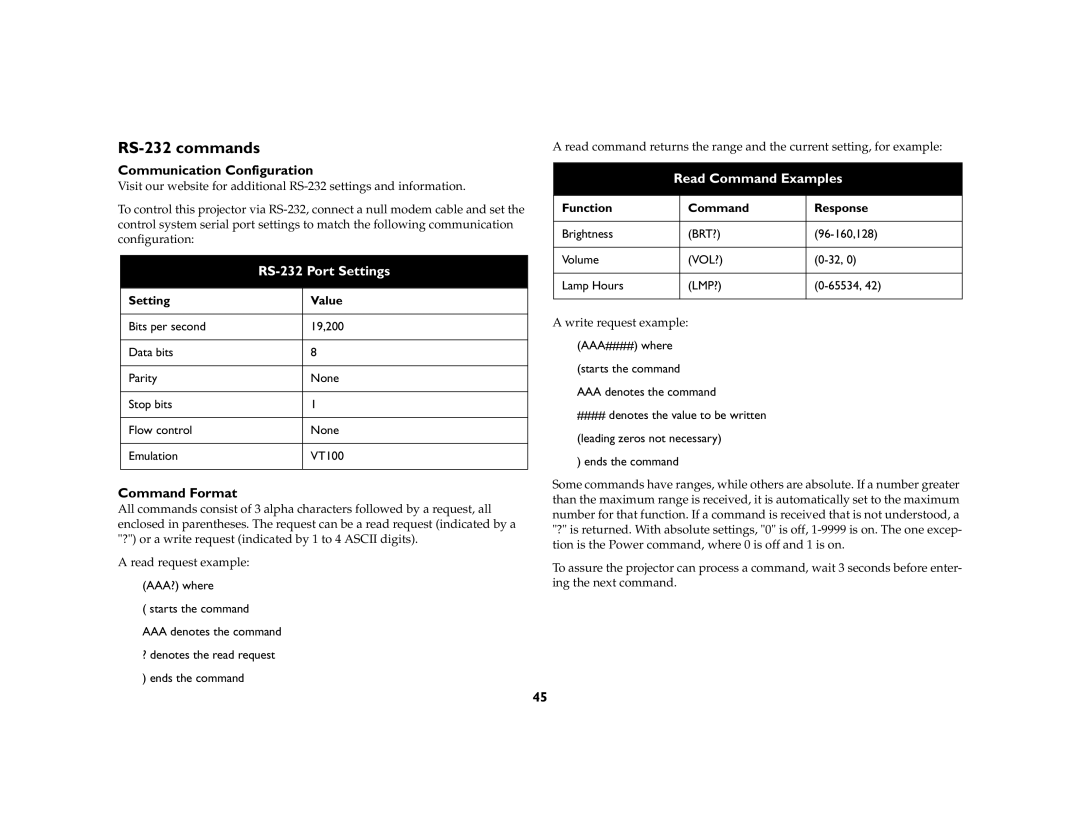 Ask Proxima C460 RS-232 commands, Communication Configuration, Command Format, Setting Value, Function Command Response 